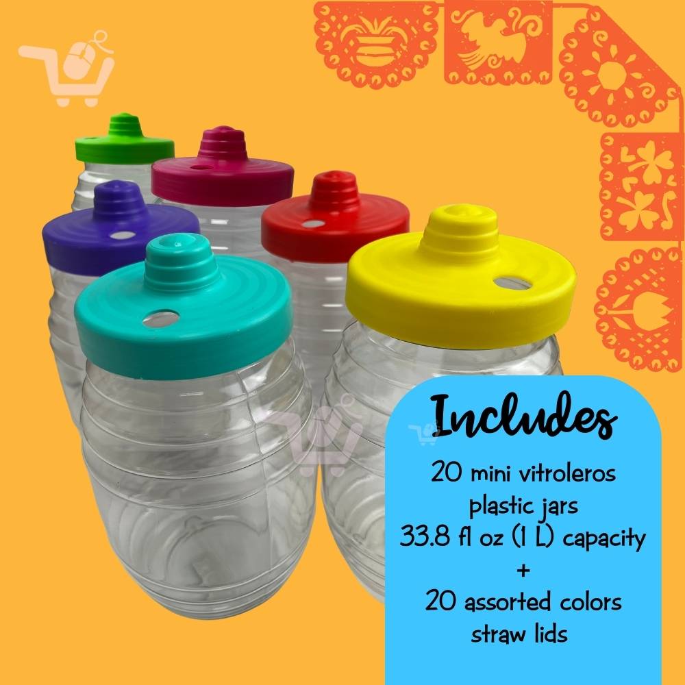 20 pack-1 L-aguas frescas-colors-mini vitrolero-jar-container-individual-intense colors-FREE straws-33.8 fl oz