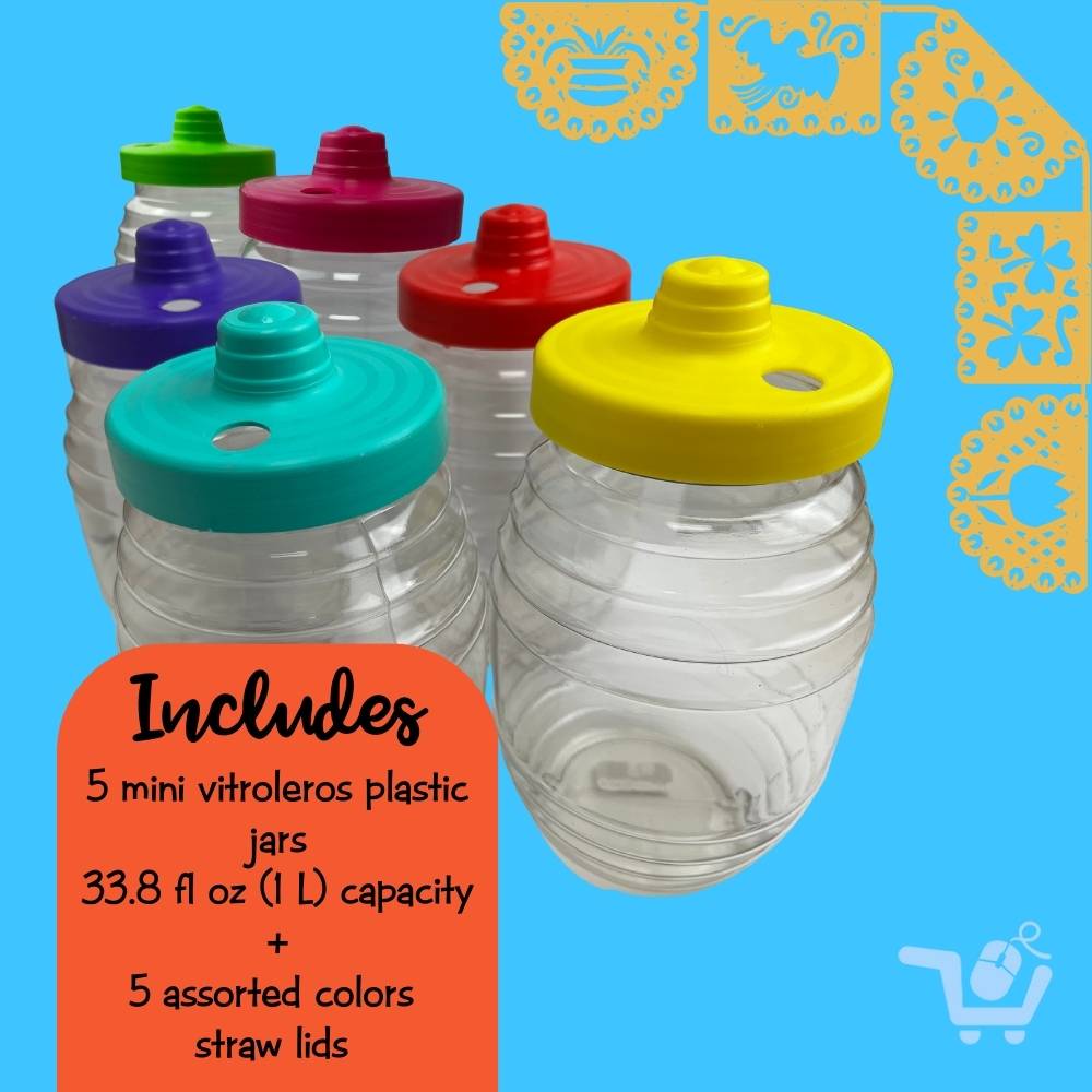 5 pack-1 L-aguas frescas-colors-mini vitrolero-jar-container-individual-intense colors-FREE straws-33.8 fl oz