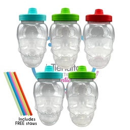 [062-39-425-T5] 5-pack Plastic Skull Jar -Clear- 33.8 fl oz LA TIENDITA ESSENTIALS